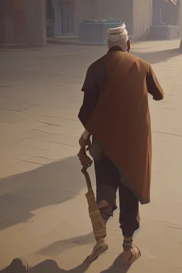 An old man wearing an Arabic keffiyeh, his back bent, walking barefoot, holding his cane upside down, looking back and holding his shoe in his hand.