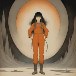 [art by john bauer] Nikaido kicks and does magic in orange overalls, she stand up and she is dangerous. She is in Hell