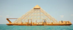 benign transparent superwood alien mega scifi pyramid katamaran ark boat with superwood draw bridge and wing doors