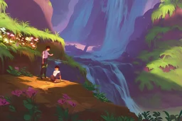 a boy is hanging on the edge of a cliff, holding on, another boy is helping him, holding his hand from above, flowers on the edge of the cliff, waterfall in the sunlight in the background