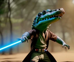 Star wars animation, crocodilian, frills, wide head, samurai robe, holding lightsaber, hands, wrist gauntlets