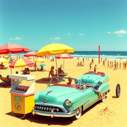 vibrant 1950s beach holiday scene with bright retro umbrellas, classic cars, and stylish sunbathers. The azure sky and golden sand set the stage for playful beach volleyball and children building sandcastles. An ice cream cart offers pastel-colored scoops, adding to the cheerful atmosphere. The vivid hues of turquoise, coral, lemon yellow, and seafoam green create a joyful, nostalgic vibe