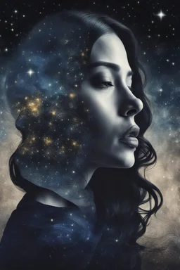 Double exposure of a female person's profile and a utopistic starry night sky, dramatic mood, dark depressive style, highly detailed intricate, surreal, stunning