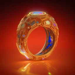 Ring made by wood roots and shreds of glass, orange diamonds sparkles, red rubi fragments around, blue lights reflexes, complex structure, gold details, intricate ring pattern,Unreal Engine 5, macro lens,sharp focus, photorealistic, hyper detailed, studio lighting, neon light ambient, cinematic