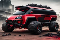 a super futuristic car, for all terrain, pickup fashion, black and red colors, big wheels, inspired on volks waguen combi, stay on street full of zombies