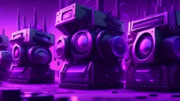 five giant magic generator machines side by side with lots of gadgets, purple tones, dreamy, psychedelic, 4k, sharp focus, volumetrics, trippy background