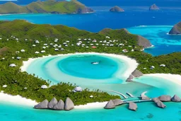 Impressive paradise islands, with elegant and luxurious futuristic homes on cliffs, vibrant and warm tones. Architecture, natural beauty, crystal clear waters, sun and lush vegetation