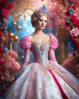 Gorgeous Realistic Photograph Pretty European Supermodel Beautiful, as Beautiful Princess Cinderella, a stunning adorned in vibrant luxury carnival attire,luxurious diamonds jewelrys,ethereal beauty, luxurious background, with swirling colors and fantastical tiny flowers, enchantment and grace, twisted vines, whimsical, surreal landscapes, emotive style, dreamlike quality, and magical realism, carnival red, ethereal pink, whimsical blue, vibrant green, celestial purple, golden amber, and shimmer