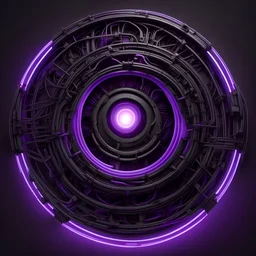 a cool looking mechanical black hole made with black wires with a purple glowing outline and core