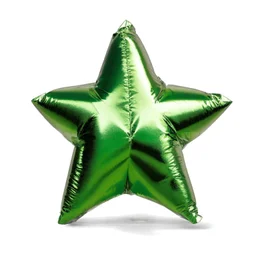 High resolution photograph of a inflated green star foil balloon