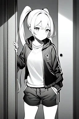 blonde girl with ponytails dressed in a jacket and shorts walks proudly in a corridor, greyscale