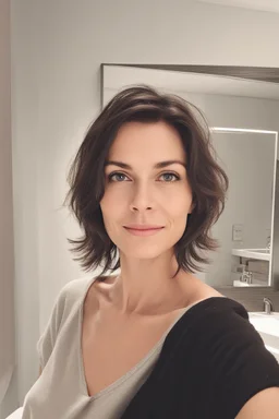 A selfie of a brunette woman, middle short hair taken at spa salon. showing incredibly beautiful extremely attractive 37-year-old European woman. (She has white skin, tousled black hair, pretty face without makeup, big round brown eyes, cute profiled nose, detailed full lips.)