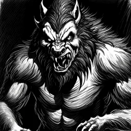 A black and white drawing, a werewolf