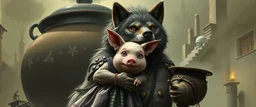 bad hairy chest wolf carrying a lovely scared wtf are you up to, Korean pig girl with dress under his arms, big cauldron in the background in the style of Escher and fallout 4
