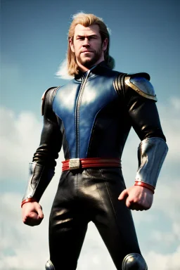 retro portrait image from 1960, sky background, wind, extra long blonde hair, fighting stance, young Chris Hemsworth, clean shave face, black dress, classic long tight lycra black suit, red cap, platinum lycra with scales on the arms, gold bracelet and belt, high boots, soft color, highly detailed, unreal engine 5, ray tracing, RTX, lumen lighting, ultra detail, volumetric lighting, 3d, finely drawn, high definition, high resolution.