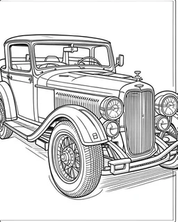 front full outline art for an adults coloring page, a customized 1932 Ford Deuce Coupe , white background,detailed sketch style,no color , only use outline, clean art , white background, no shadows and clear well outlined,