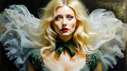 old worn plain canvas, grunge, layered, embossed, double exposure, artistic luminous watercolor, glitter, midground, luminosity, highlights, gold highlights, light effects, dark grey green highlights, portrait of victorian gothic platinum blonde woman, red lips, fluffiness, wind, airy fluttering dress, swirls, layered, blending, textured, 3D, 8K, best quality, fine rendering, high detail, hyperrealism, high resolution, high definition, layered, pin sharp, hyperfocus, vignette