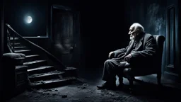 Melancholy theme picture. sometimes tha man at night stares out into the cold space, and something hurts the heart, something big thing miss. old man sitting in old armchair at home and looks into nothingness, melancholic mood, meaning of life, dark night, with two fade stairs, detailed, gloomy, and surreal vibe. dark colors, cinematic
