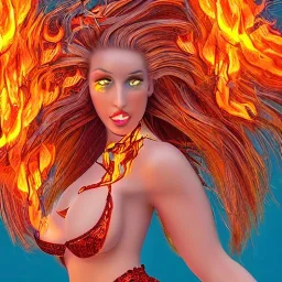 woman made of fire, fire angel, fire clothes, full body portrait, long flowing hair, only wearing bikini made of fire, highly detailed, real life photo, photo quality, extremely detailed, high quality, standing in fire, highly detailed