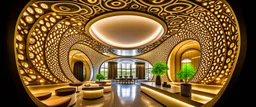 A luxurious hotel with a modern, organic design featuring intricate circles and curves.