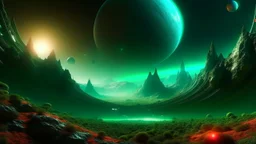 hyper realistic, tron legacy movie, beautiful green untouched planet and an inhabited planet below, space ships and few planets on the left, city of the future with green and dark red trees, hyper realistic