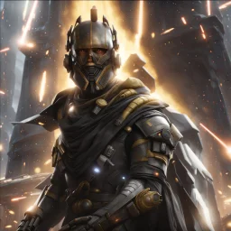 star wars bald male corellian pilot wearing pearlescent black and gunmetal grey First Order special forces heavy assault armor and helmet with gold trim inside the jedi temple, centered portrait, hyperdetailed, dynamic lighting, hyperdetailed background, 8k resolution, volumetric lighting, light skin, fully symmetric details