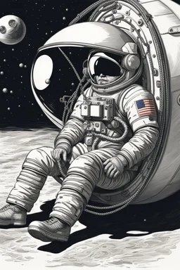 close side view of An astronaut sitting on a large steel ball.floating in the air, wide legs, holding on to the chain