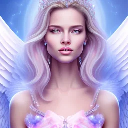 portrait of a beautiful woman with an angel face smiling, pink and blue dress, jewels, soft light aura