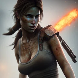 portriate of beautiful lara croft,volumetric lighting, particals, intricate detail,realistc, close up, big breast