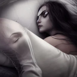 woman sleeping on satin pillow with spiderwebs covering face, goth, mascara running down cheeks, 8k, high-quality, fine-detail, intricate, sharp, crisp, digital art, detailed matte, illustration, octane render, brian froud, howard lyon, Anne Dittman, Anne Stokes, Lisa Parker, Selina French