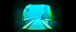 GAME CONCEPT ART .two poin perspective.Station platform and stairs from side .photograph inside of hole .very big ambient.gient station.Inside the old subway tracks, . Low light and closed green moss walls. Like the original design of the game space ,digital art.landscape,far camera old painting,2 Chen and George Hopper, Rembrandt lighting, a dark green color scheme, . --ar 13:16 --v 6. 0 metro game