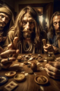 Jesus and some friends smoking and playing cards, davinci. Surreal. Agony face, smile, pain scream. Fish eye lense camera. Perfect composition.