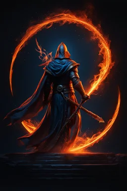 the bloody sorcerer known as The Shadow of Death carrying the staff of destruction. blue and orange. fantasy art, Cinematic lighting, Volumetric lighting, Epic composition,