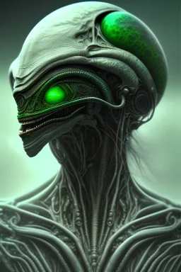 alien, head, evil,green eyes, weapons, blood, 8k, finely detailed, photo realistic, HR Giger style