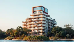 a modern building with a unique architectural design. The building is made up of multiple levels, each with a different color and shape. The top level has a large glass window, while the bottom level has multiple balconies and balconies. The balconies are arranged in a grid-like pattern, with each level having a unique design. The building is surrounded by trees and shrubs, and there is a small island in the foreground. The sky is a light blue color, and the overall atmosphere is predominantly o