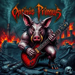 make a Album cover, death metal, and a big evil swine with guitar, the band name is Optimus Primus, burning factory in background