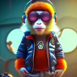 Monkey toddler, smile, steampunk headphone, sunglass, gangsta neckless, full body, orange puffer jacket, tokio background, dramatic lighting, hyper realistic, unreal engine 5, 16k