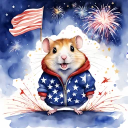 Watercolor modern composition, adorable confused hamster in an American flag hoodie looking confused, by Quinten Blake and Gerald Scarfe and Shaun Tan, watercolour painting, negative space, loose brush strokes, night background fireworks