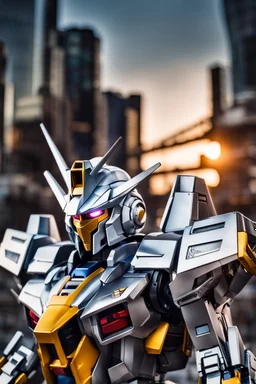 Photography A picture cyber mechines Gundam,with surface coated chrome polished details, city background