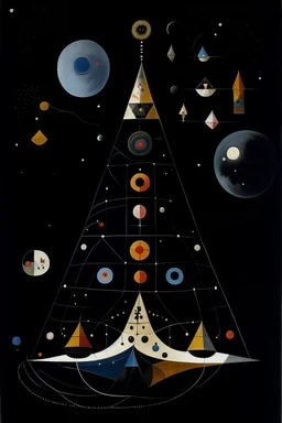 A pyramid-shaped space station surrounded by dark moons painted by Wassily Kandinsky