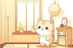 cute fluffy chibi beige cat with a giant thermometer in a modern room in sunshine