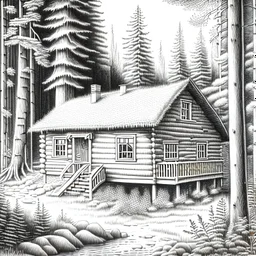 Detailed pencil drawing of a cabin in the woods, clean, nice.