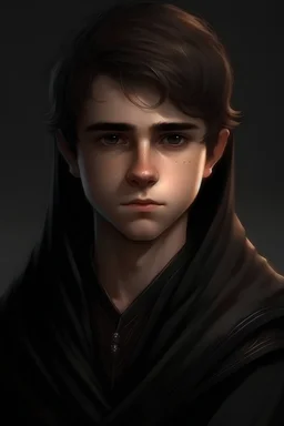 a 15 year old male, short brown hair, round innocent face, brown eyes, melancholic, dressed in black robes, realistic epic fantasy style