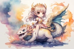 a cute anime chibi princess sitting on a wild chinese dragon and dynamically riding it, melting watercolor and black ink outlines on wet paper, soft, shading strokes, in sunshine, ethereal, otherwordly, cinematic postprocessing, bokeh, dof