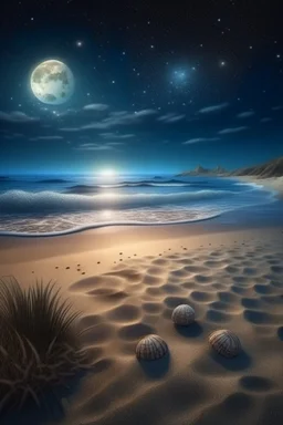 magic sea, beach with sand, shells, realistic, professional photo, 4k, top view, cosmic sky, stars, full moon, milki way