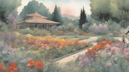 Flower garden, create in inkwash and watercolor, in the comic book art style of Mike Mignola, Bill Sienkiewicz and Jean Giraud Moebius, highly detailed, gritty textures, dramatic natural lighting