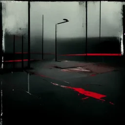 Minimal abstract oil paintings of a desolate 1960s carpark. Illuminated by a red spotlights. On the floor are concrete fragments and road markings . In the dark mysterious style of Justin Mortimer and Francis Bacon.