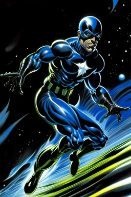 outer space background -- running --art style of neal adams -- an extremely muscular man wearing a black, bandit eye mask, a black, skintight, formfitting cowl, a black, skintight, formfitting kevlar bodysuit, black gloves, silver wrist gauntlets, silver belt, silver knee-high boots, silver lightning emblem on the chest, with cobalt blue eyes, a mustache and goatee, fire, lightning, wind, rain, volcanic lava, fireworks, explosions, multicolored neon lights