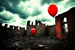 one red party balloon on sky, high realistic, storm, gloomy, surreal, little dark old city, ruins, professional photo, cinematic, utopistic