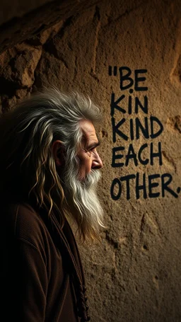 A hand writing On cave wall written “ BE KIND TO EACH OTHER “ an old man with bear and king hair died by the cave wall , a dim lighting great quality picture with primitive style